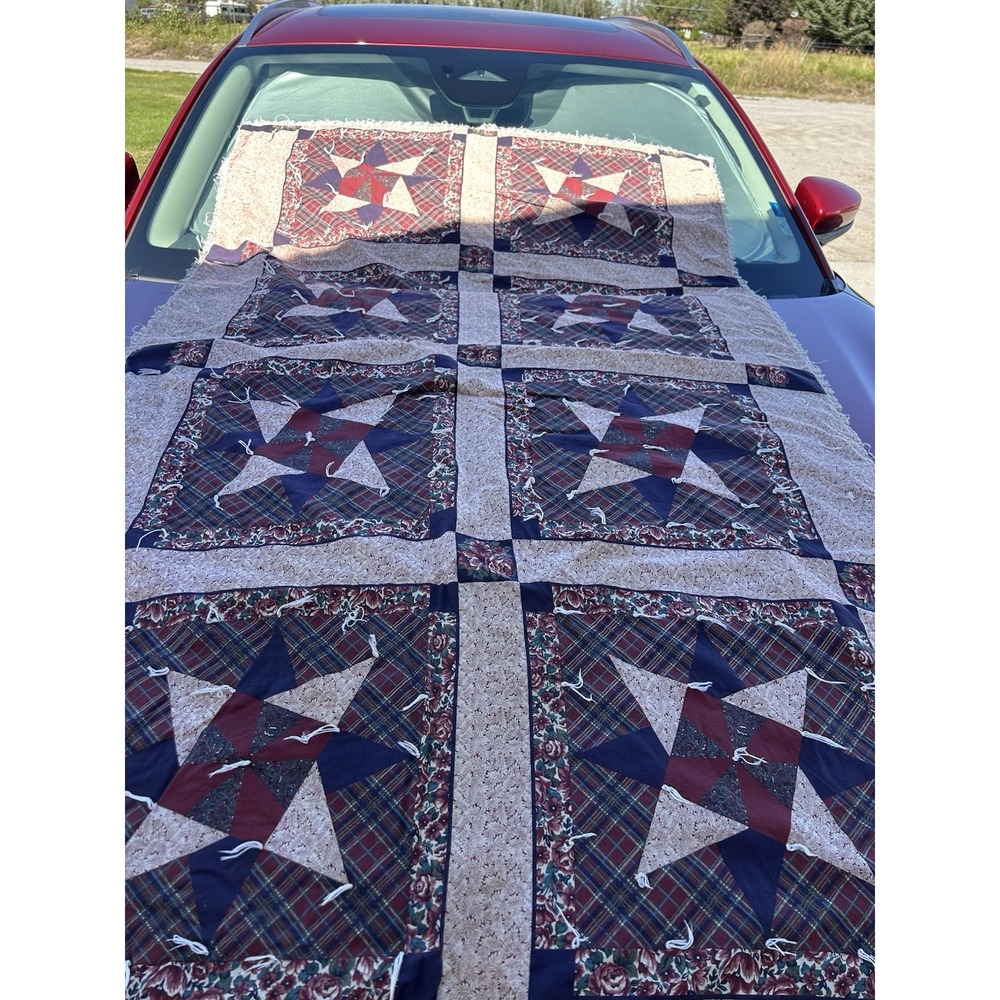 Handmade Patchwork Quilt 42x68 Pinwheel Star Floral Plaid Vintage Cottage Throw